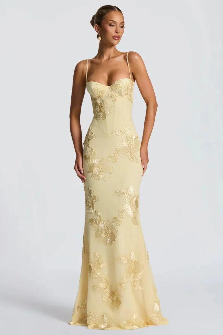 Womens Maxi Dress Embroidered Floral Corset Bodice Cami Straps