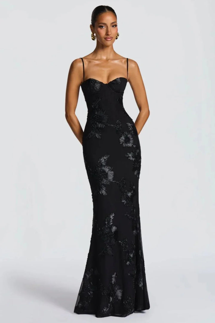 Womens Maxi Dress Embroidered Floral Corset Bodice Cami Straps