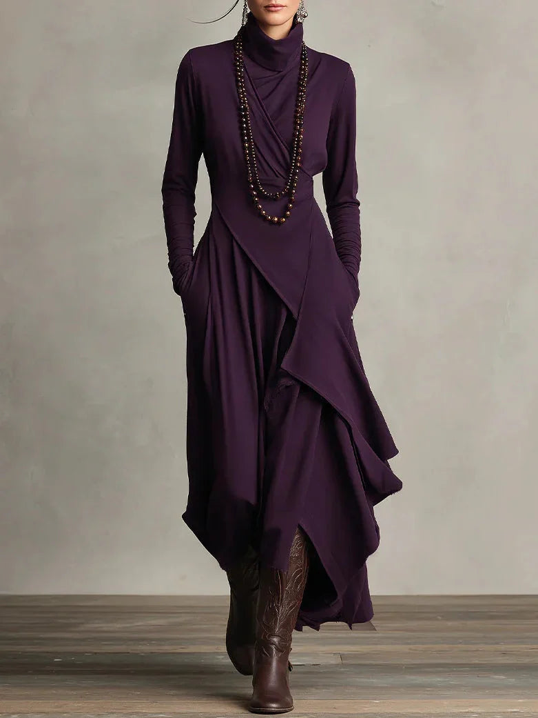 Womens Maxi Dress High Neck Asymmetrical Drape Evening - BritishMode