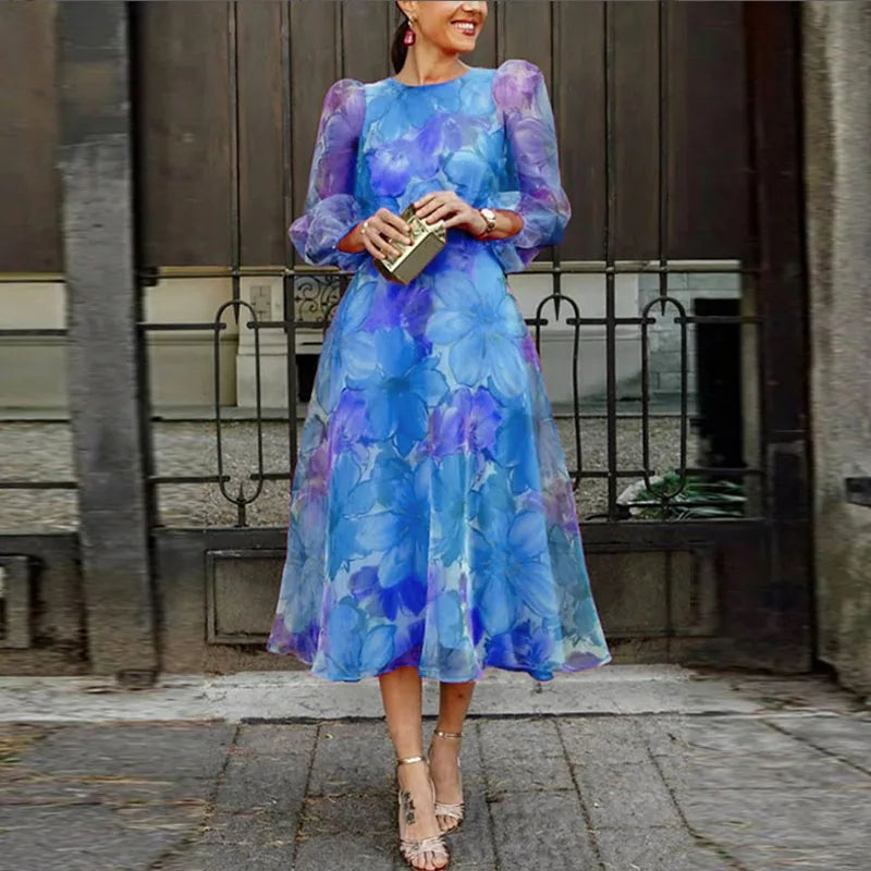 Womens Tiered Midi Dress with Puff Sleeves Floral Pattern