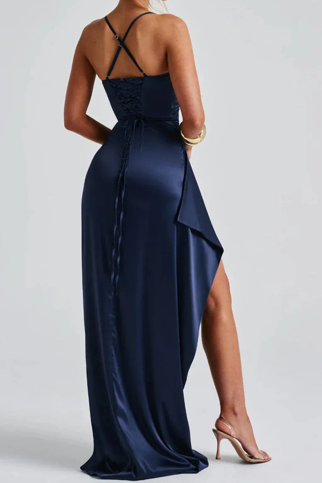 Womens Ruched Maxi Dress with Spaghetti Straps High Slit