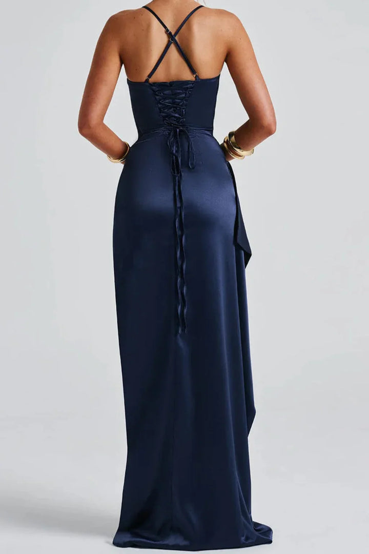 Womens Ruched Maxi Dress with Spaghetti Straps High Slit