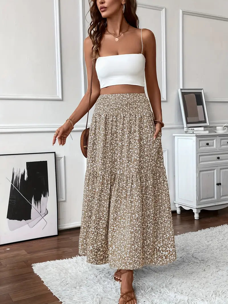 Womens Tiered Skirt Floral Pattern Relaxed Fit - BritishMode