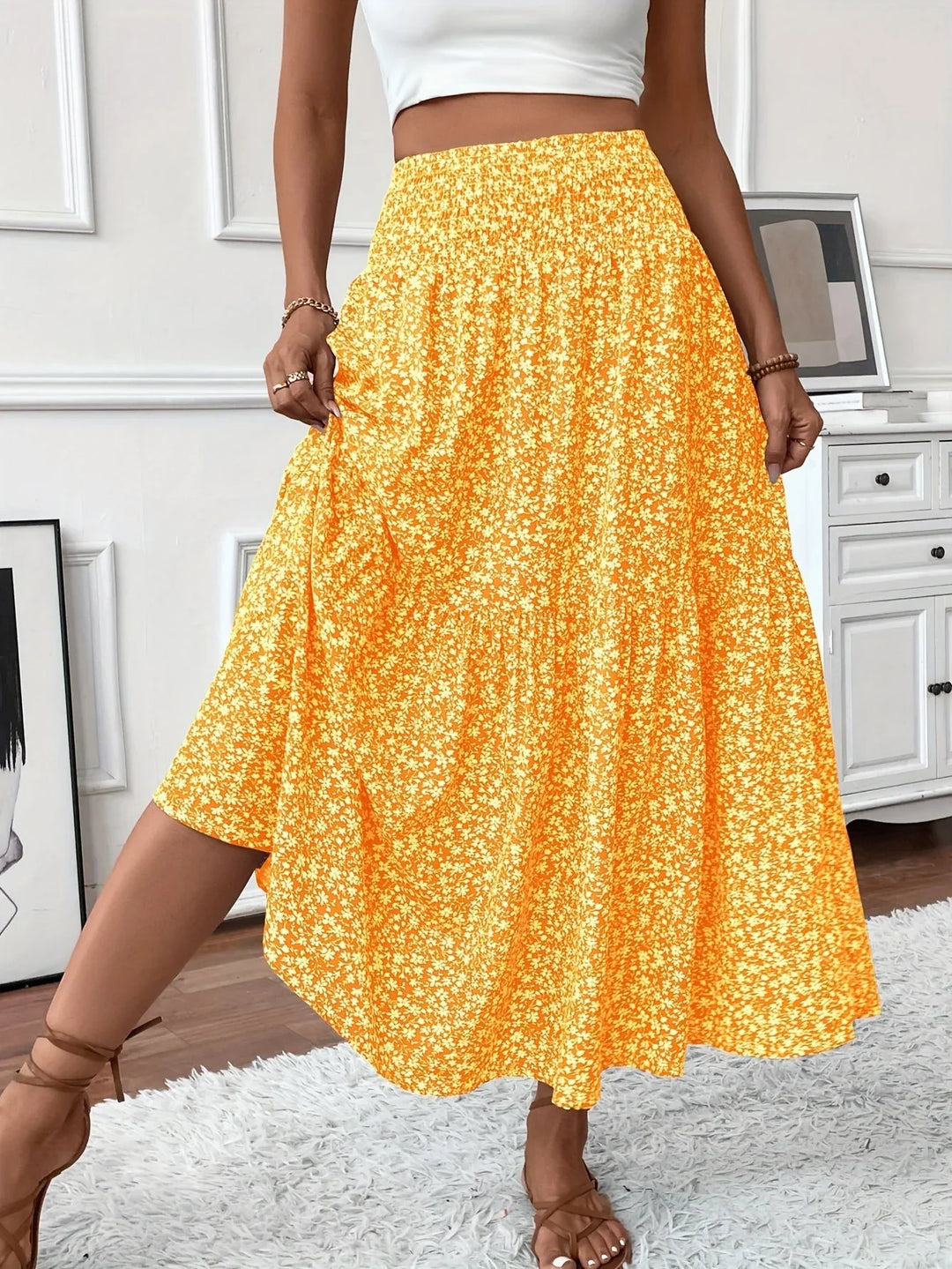 Womens Tiered Skirt Floral Pattern Relaxed Fit