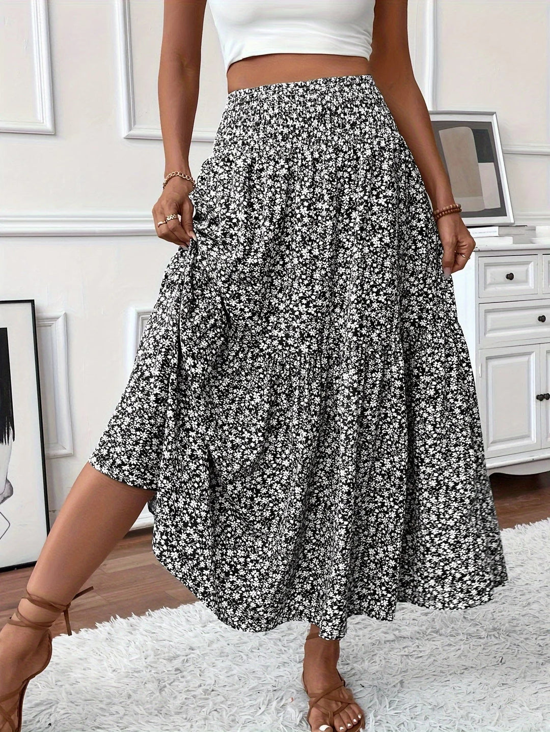 Womens Tiered Skirt Floral Pattern Relaxed Fit