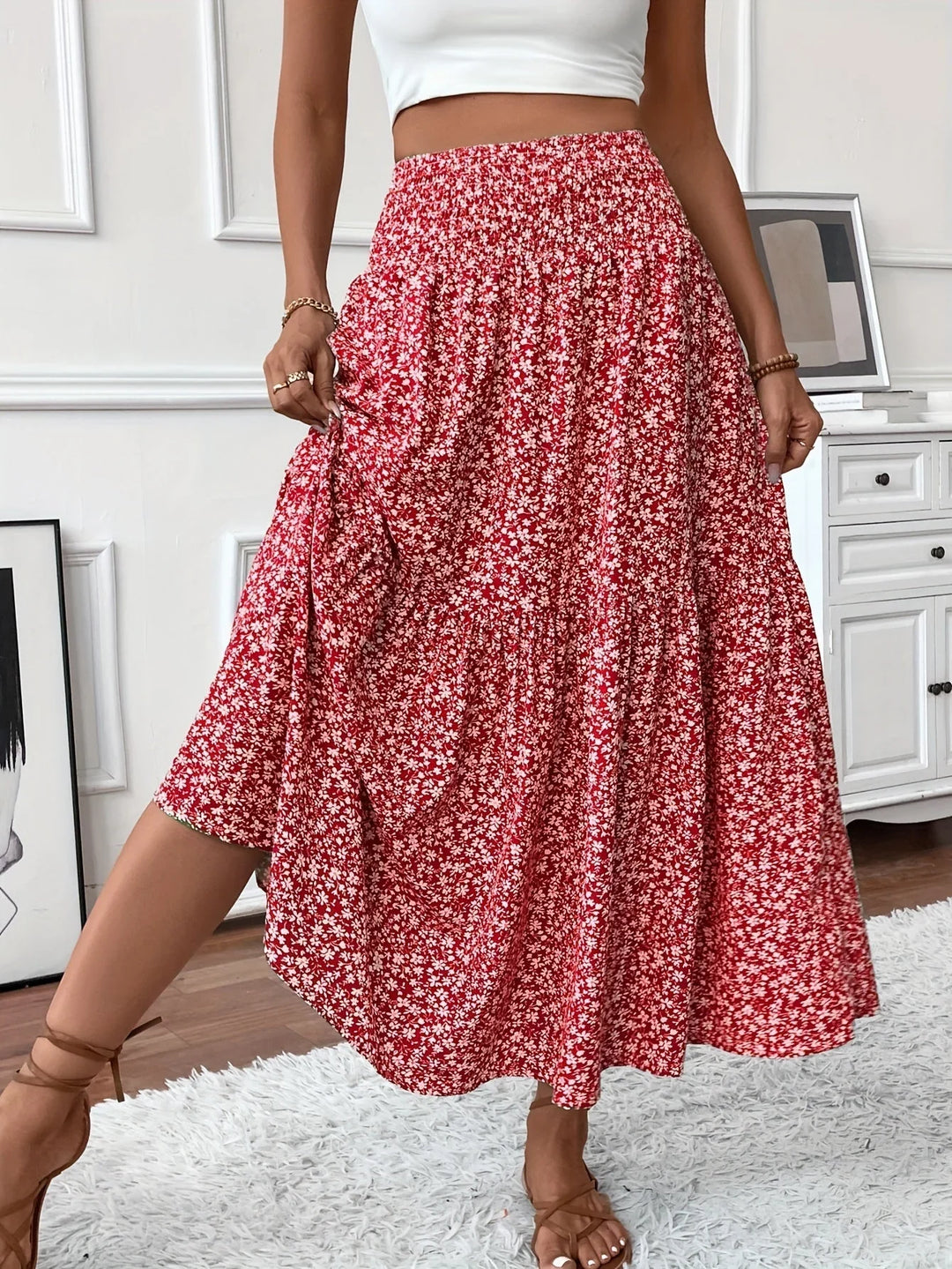 Womens Tiered Skirt Floral Pattern Relaxed Fit