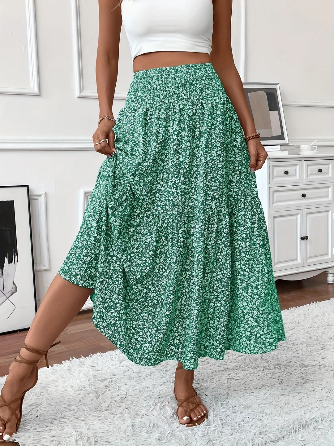 Womens Tiered Skirt Floral Pattern Relaxed Fit