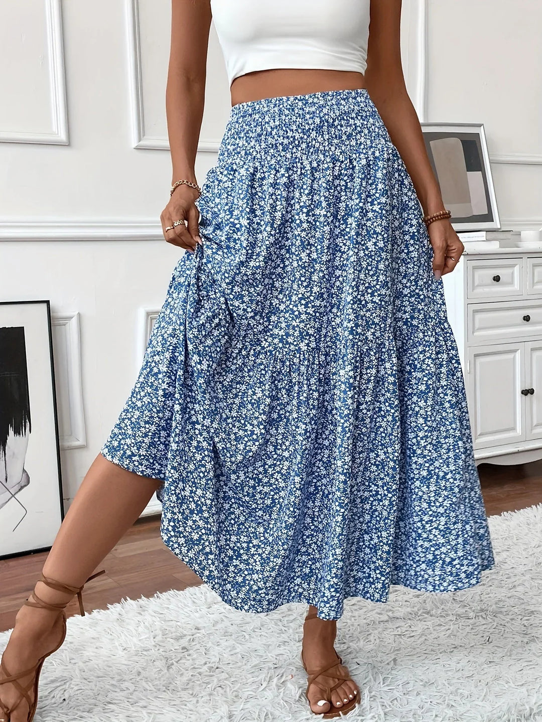 Womens Tiered Skirt Floral Pattern Relaxed Fit