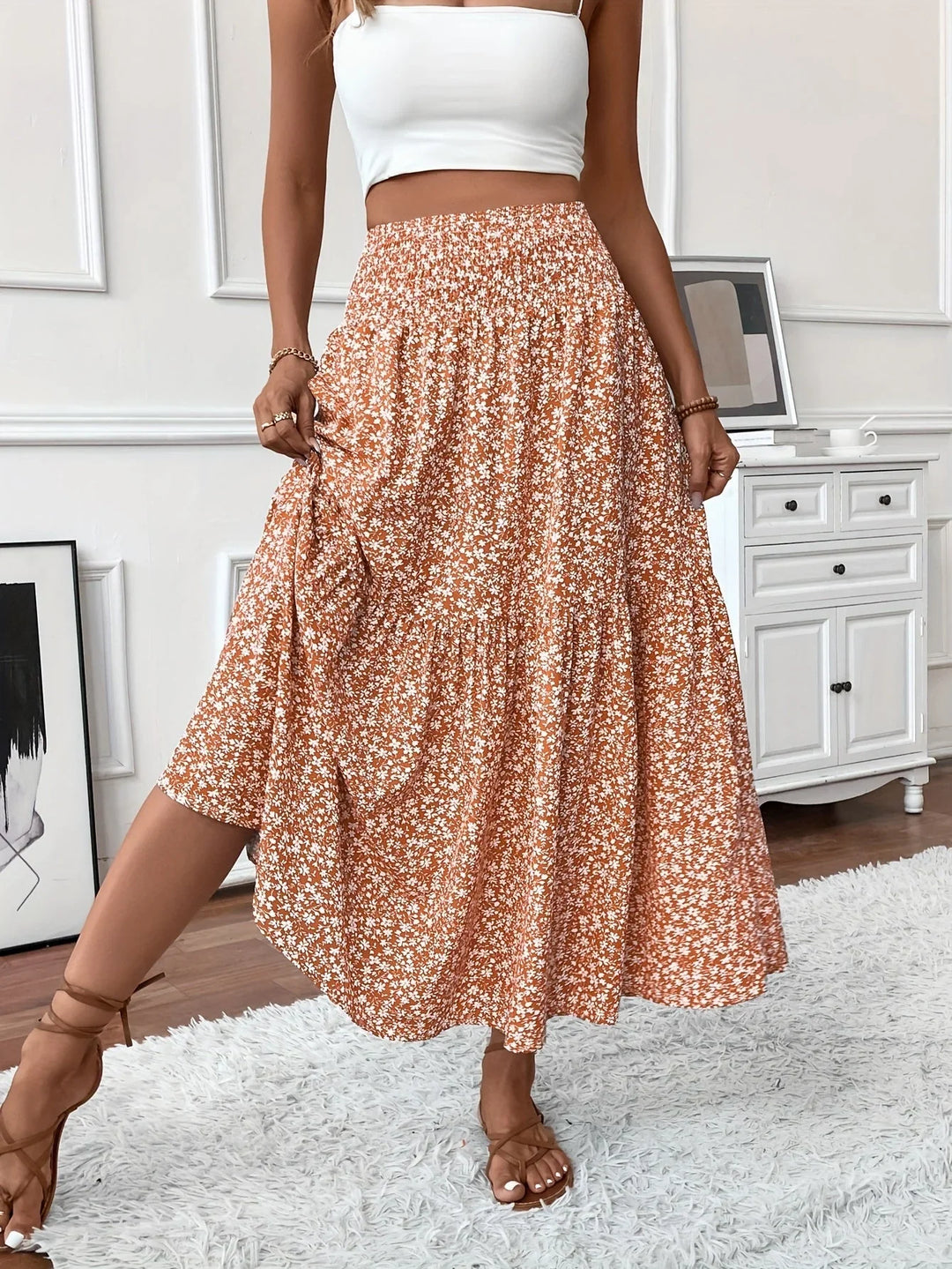 Womens Tiered Skirt Floral Pattern Relaxed Fit