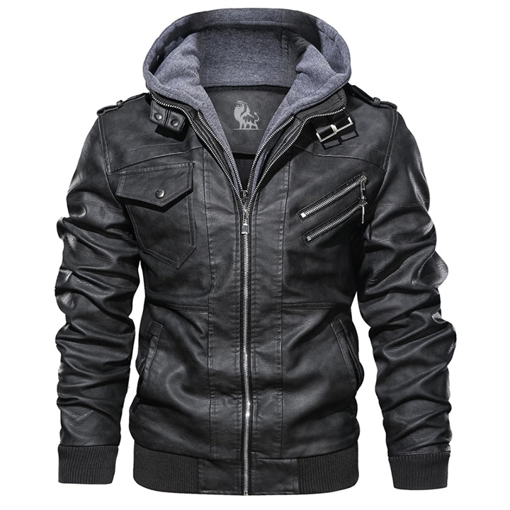 Mens Faux Leather Jacket with Removable Hood