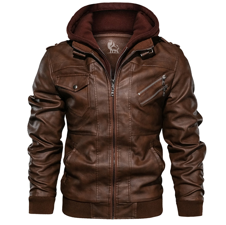 Mens Faux Leather Jacket with Removable Hood