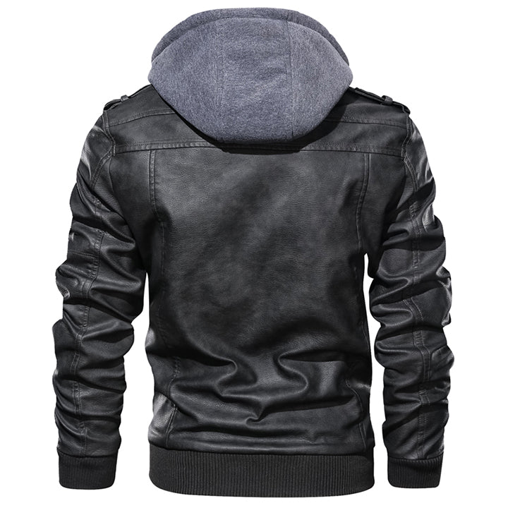 Mens Faux Leather Jacket with Removable Hood