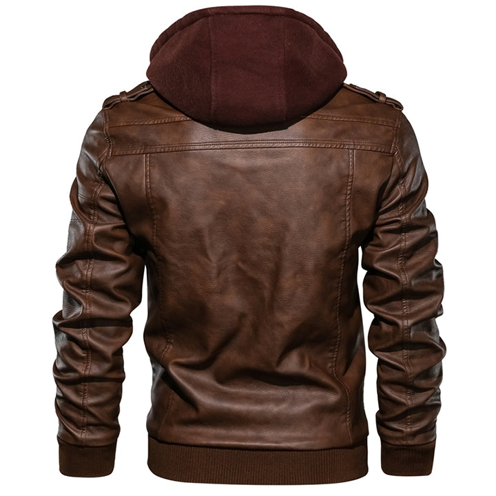 Mens Faux Leather Jacket with Removable Hood