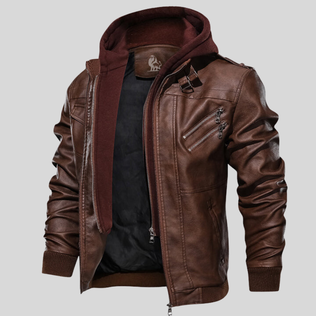 Mens Faux Leather Jacket with Removable Hood - BritishMode
