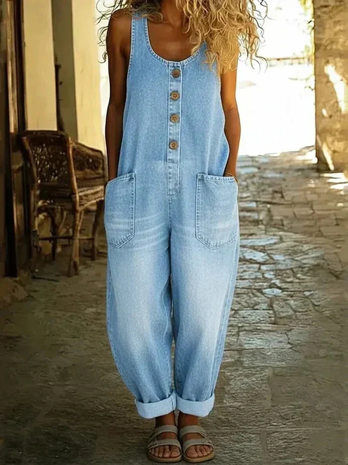 Womens Denim Overalls Sleeveless Loose Fit Jumpsuit - BritishMode