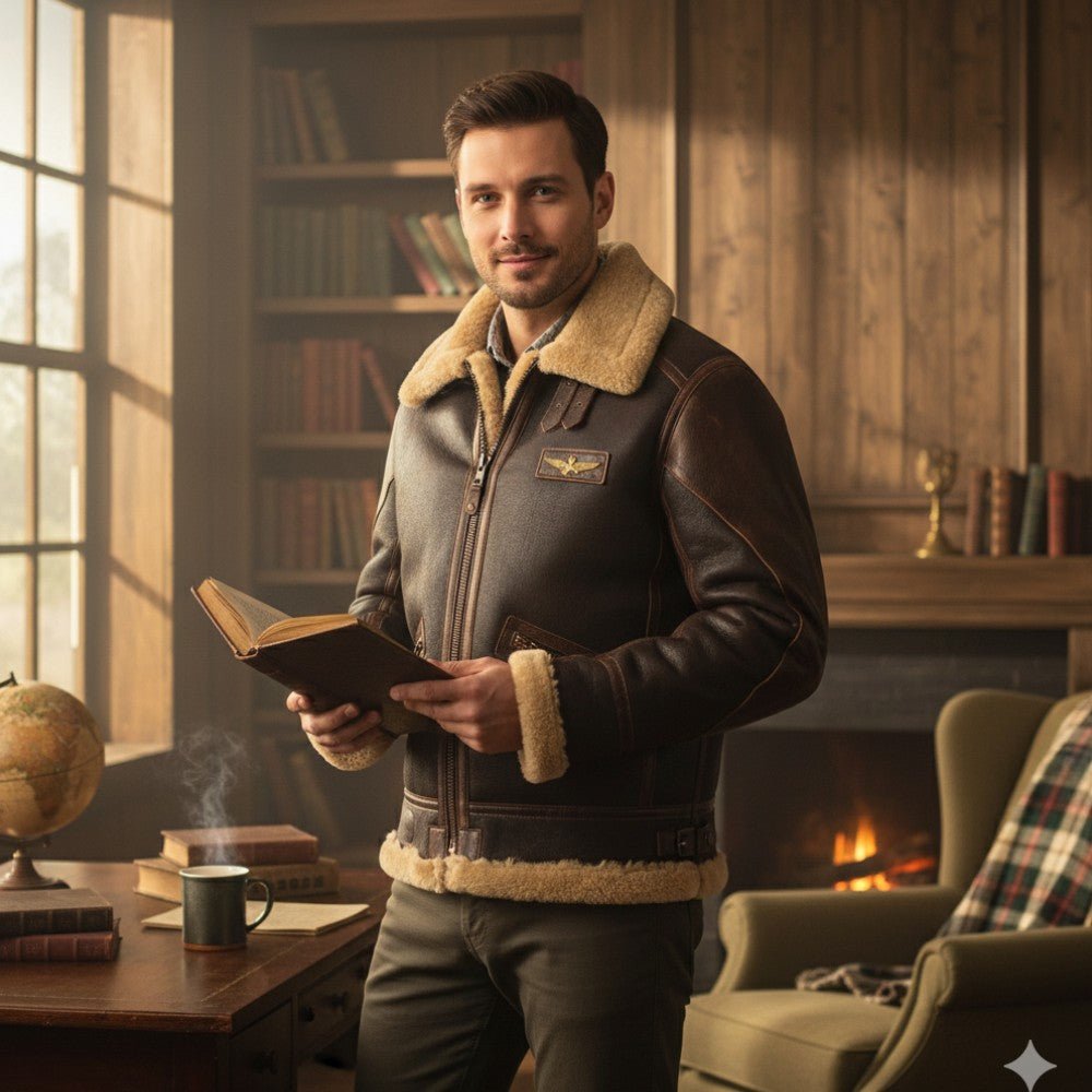 Mens Shearling Pilot Jacket Warm Winter Style - BritishMode