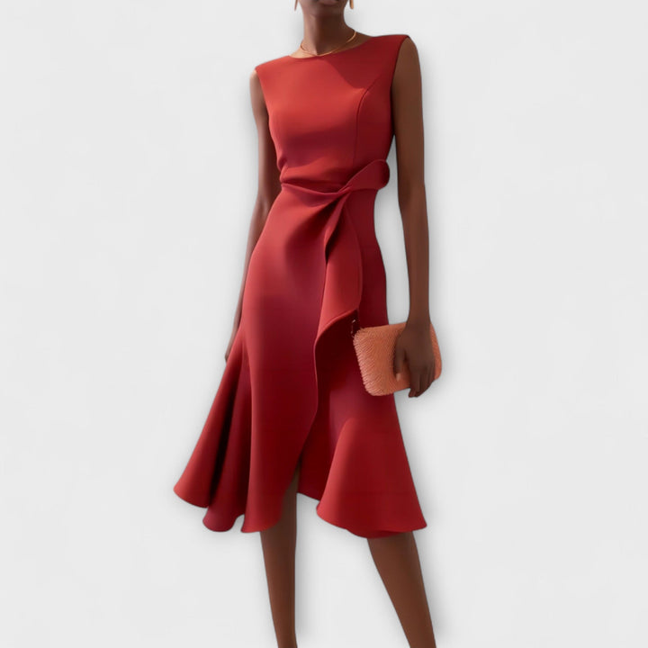 Womens Sleeveless Wrap Midi Dress with Ruffle Trim - BritishMode