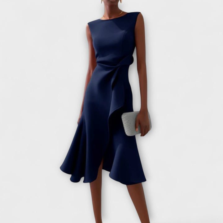 Womens Sleeveless Wrap Midi Dress with Ruffle Trim