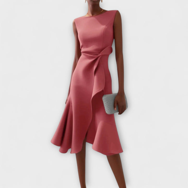 Womens Sleeveless Wrap Midi Dress with Ruffle Trim