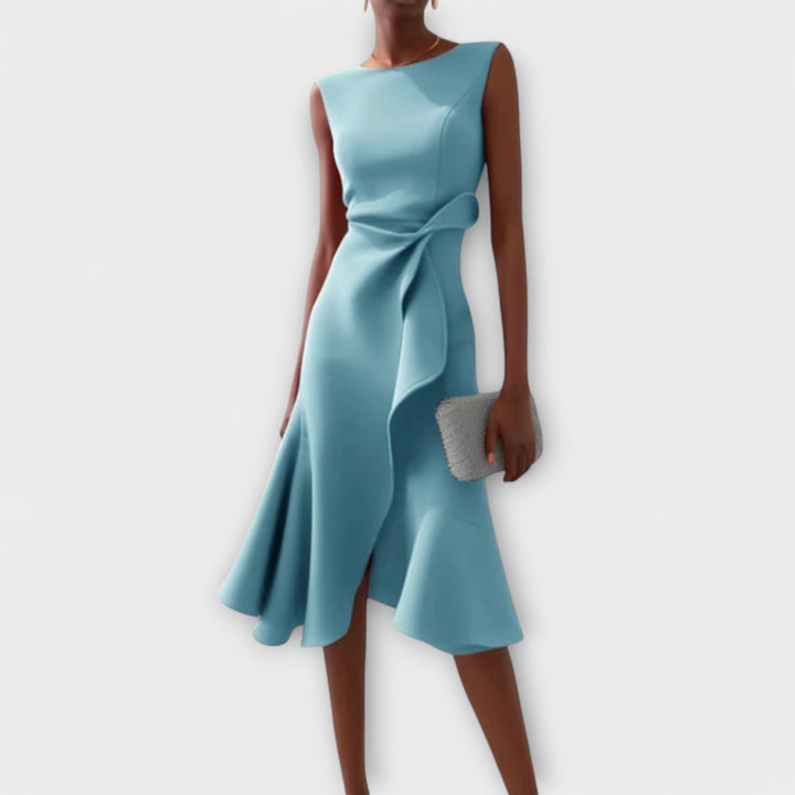 Womens Sleeveless Wrap Midi Dress with Ruffle Trim