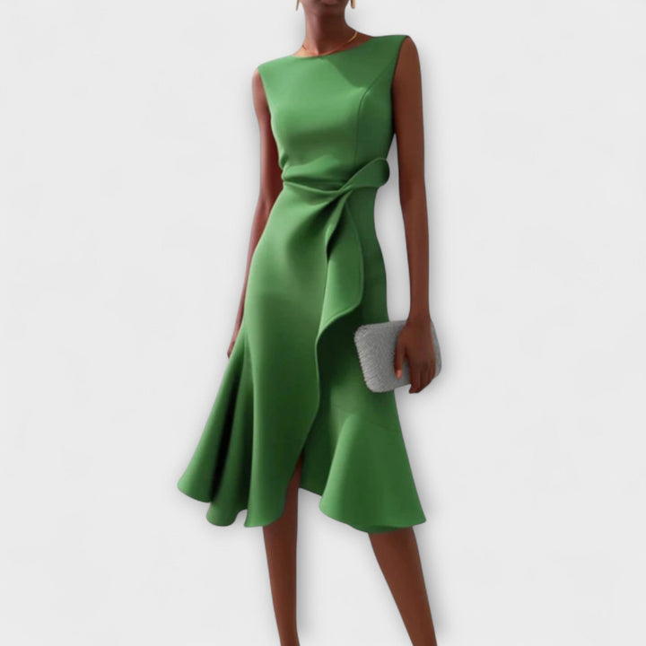 Womens Sleeveless Wrap Midi Dress with Ruffle Trim