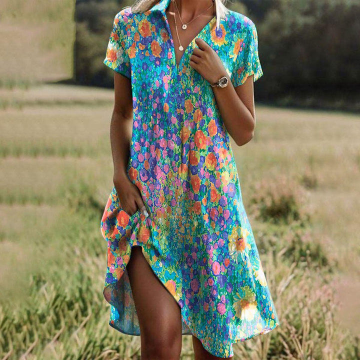 Womens Boho Midi Dress Printed Short Sleeve - BritishMode