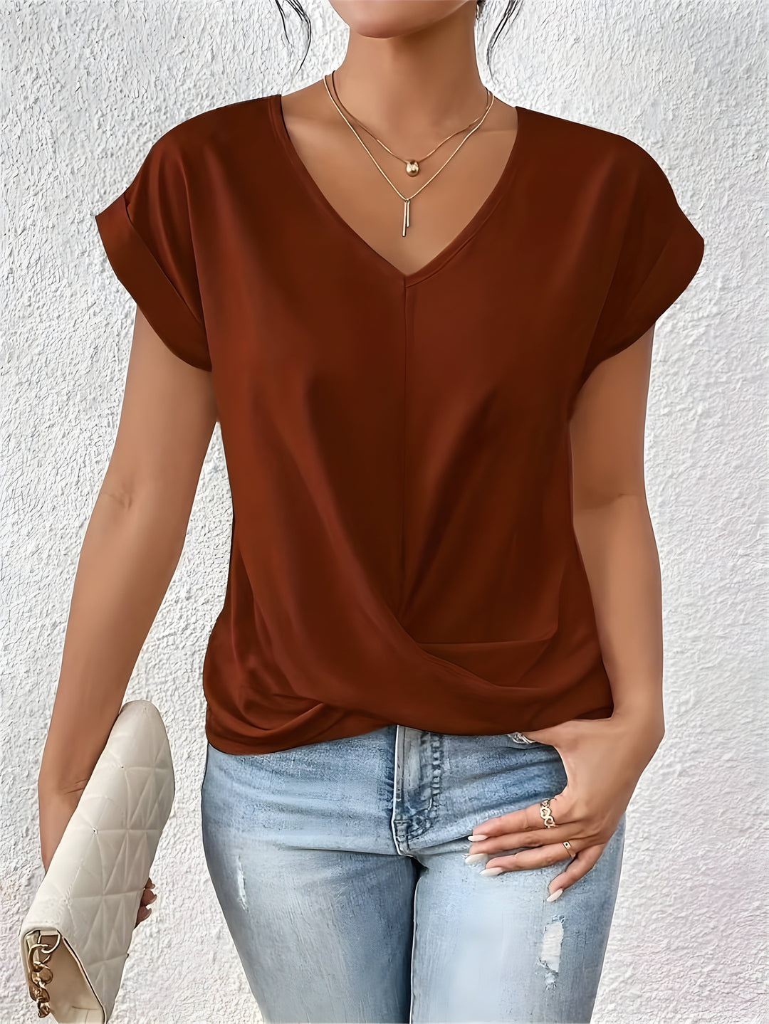 Womens Twist Front V-Neck Top Short Sleeve Cuffed Hem