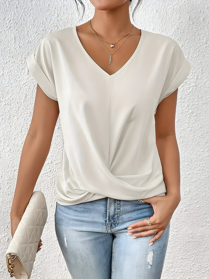 Womens Twist Front V-Neck Top Short Sleeve Cuffed Hem
