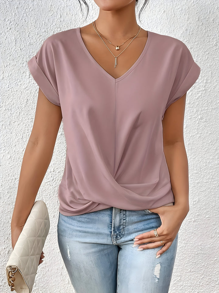 Womens Twist Front V-Neck Top Short Sleeve Cuffed Hem