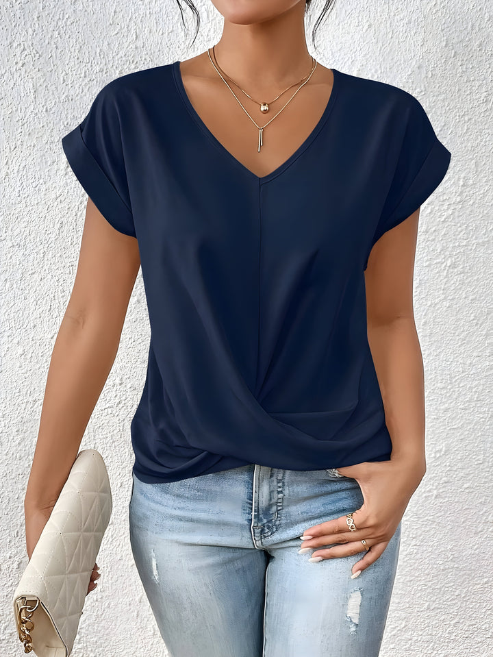 Womens Twist Front V-Neck Top Short Sleeve Cuffed Hem