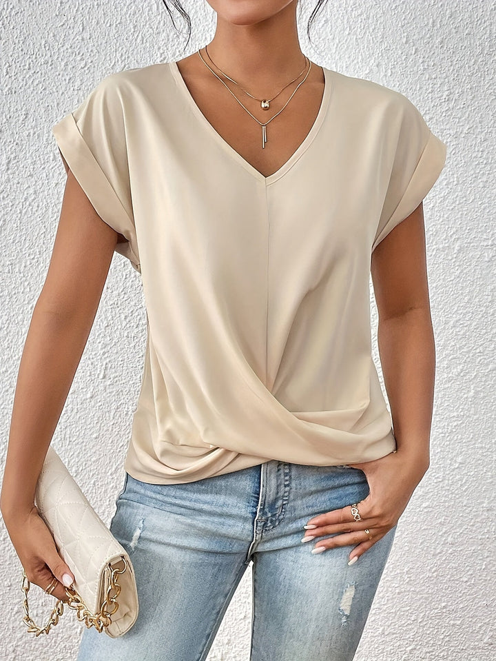 Womens Twist Front V-Neck Top Short Sleeve Cuffed Hem