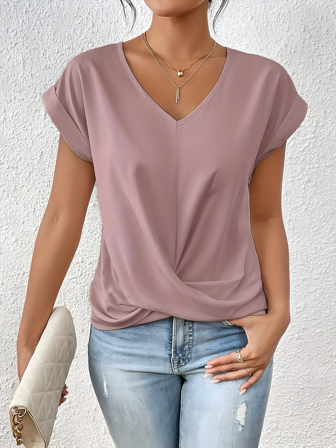Womens Twist Front V-Neck Top Short Sleeve Cuffed Hem