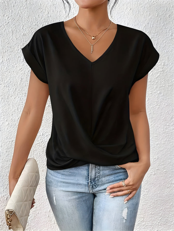 Womens Twist Front V-Neck Top Short Sleeve Cuffed Hem