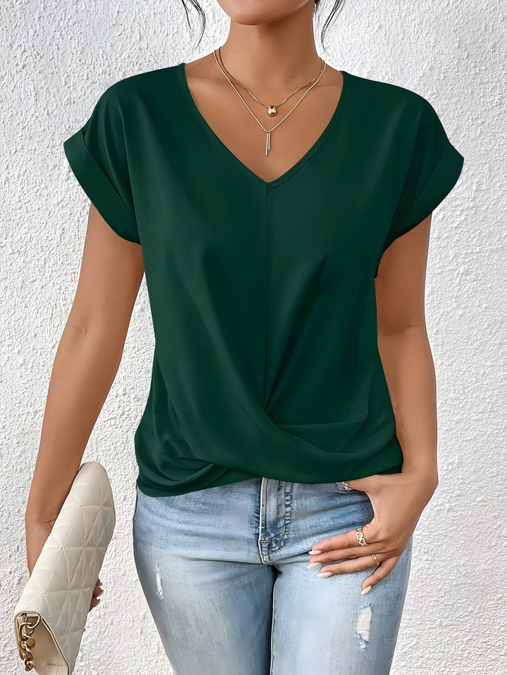 Womens Twist Front V-Neck Top Short Sleeve Cuffed Hem