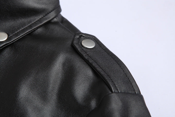 Mens Slim Fit Leather Motorcycle Jacket with Stand-Up Collar