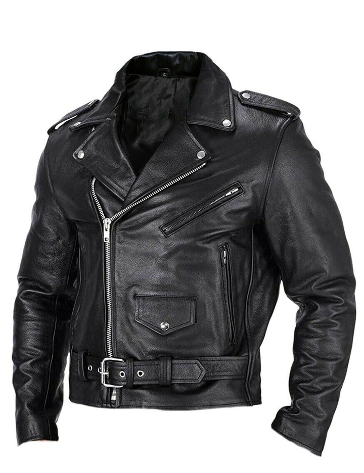 Mens Slim Fit Leather Motorcycle Jacket with Stand-Up Collar - BritishMode