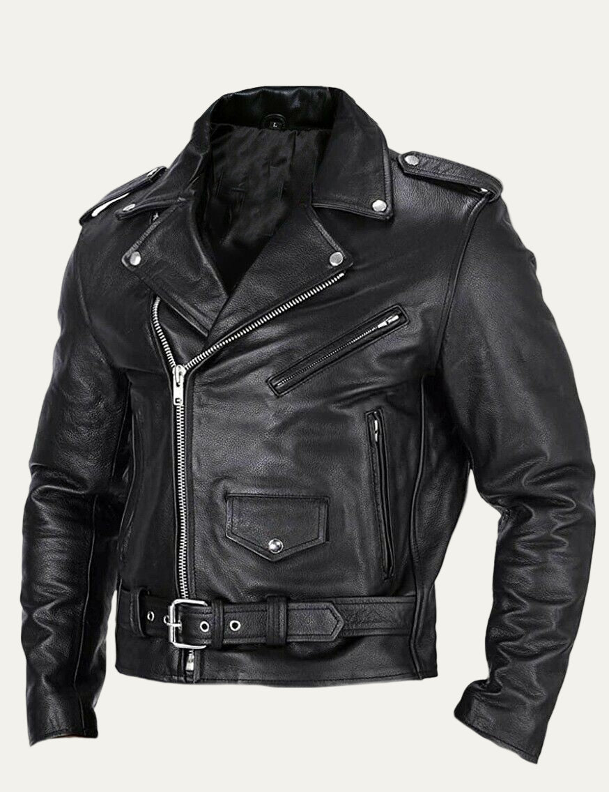 Mens Leather Biker Jacket Classic Fit Asymmetrical Zip - BritishMode