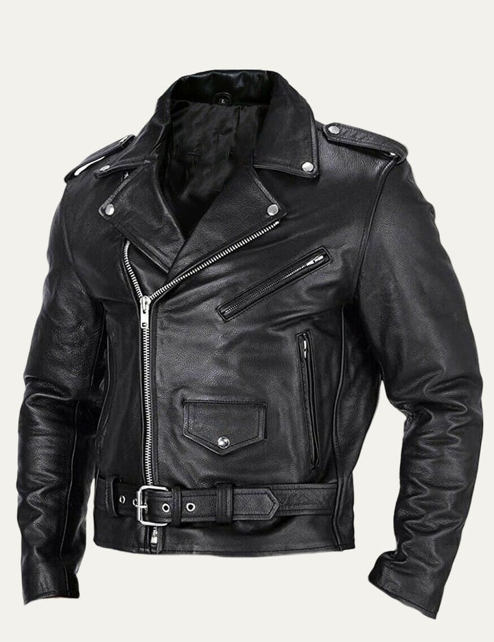 Mens Leather Biker Jacket Classic Fit Asymmetrical Zip - BritishMode