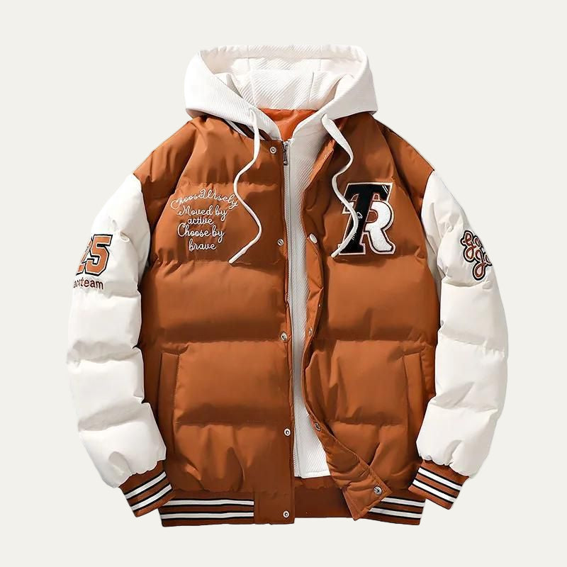 Mens Hooded Puffer Jacket Varsity Style Insulated