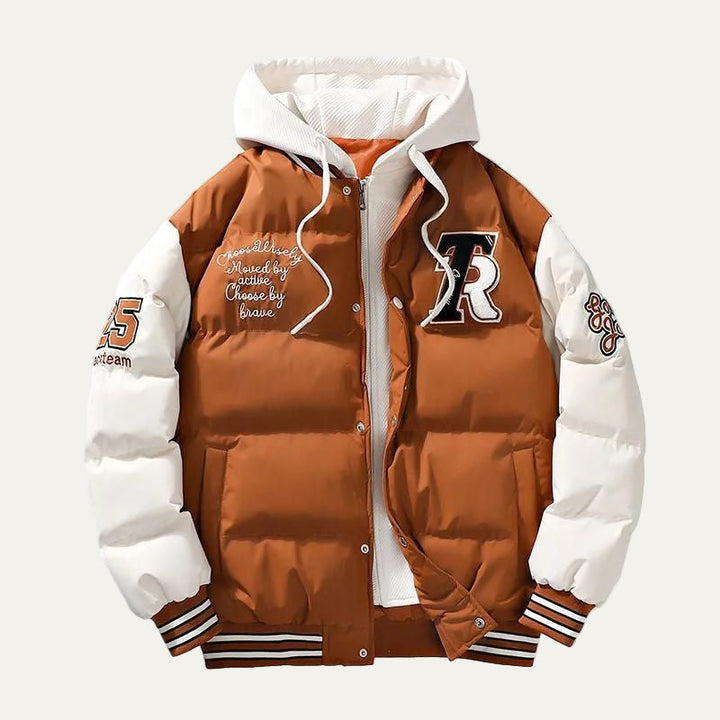 Mens Hooded Puffer Jacket Varsity Style Insulated