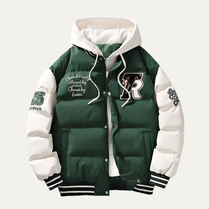 Mens Hooded Puffer Jacket Varsity Style Insulated