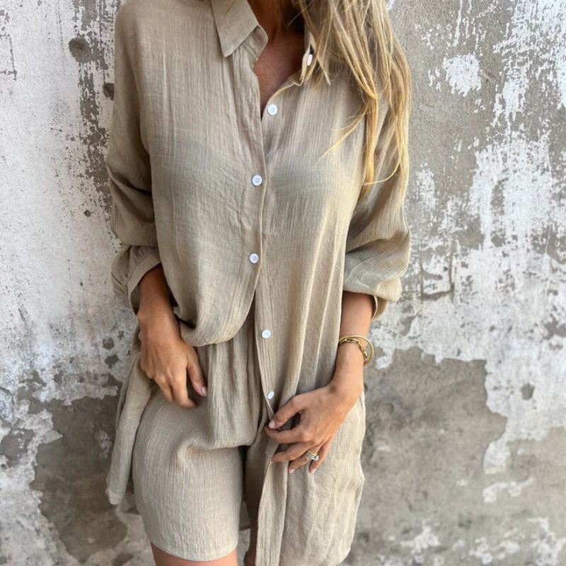 Womens Two-Piece Shirt and Pants Set Button-Up Relaxed Fit