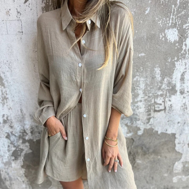Womens Two-Piece Shirt and Pants Set Button-Up Relaxed Fit
