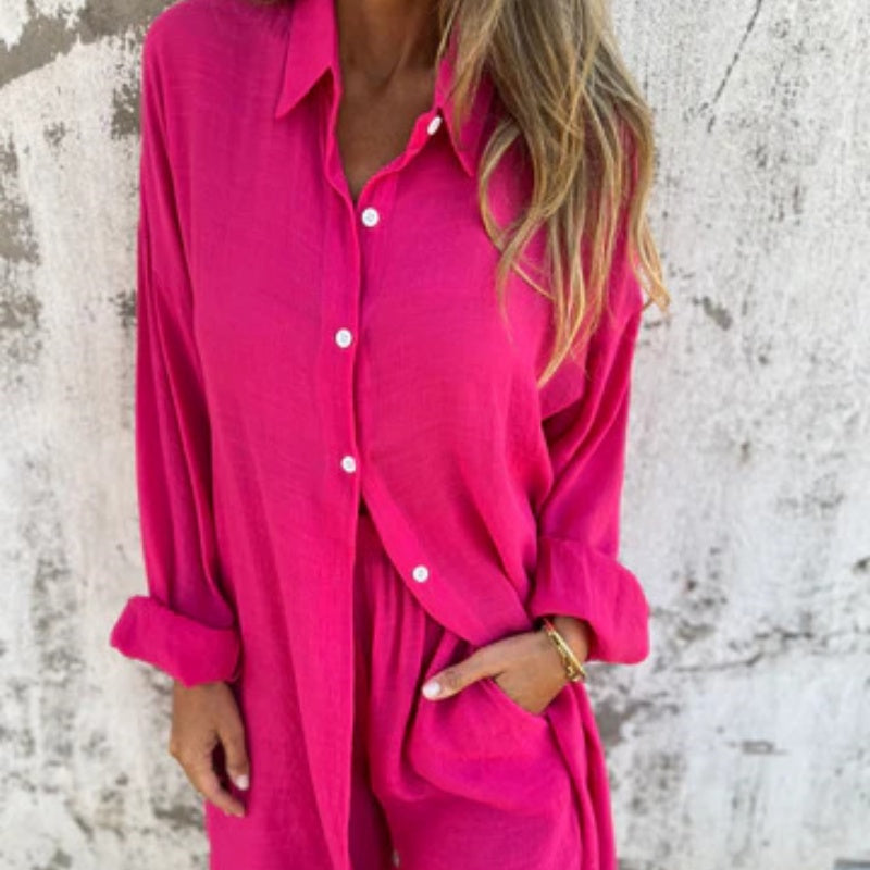 Womens Two-Piece Shirt and Pants Set Button-Up Relaxed Fit