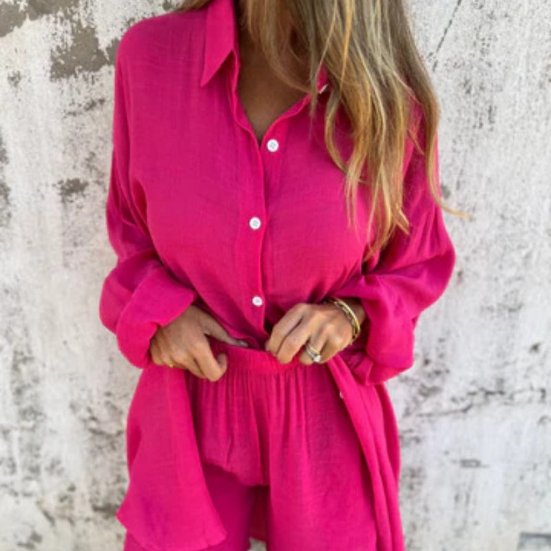 Womens Two-Piece Shirt and Pants Set Button-Up Relaxed Fit