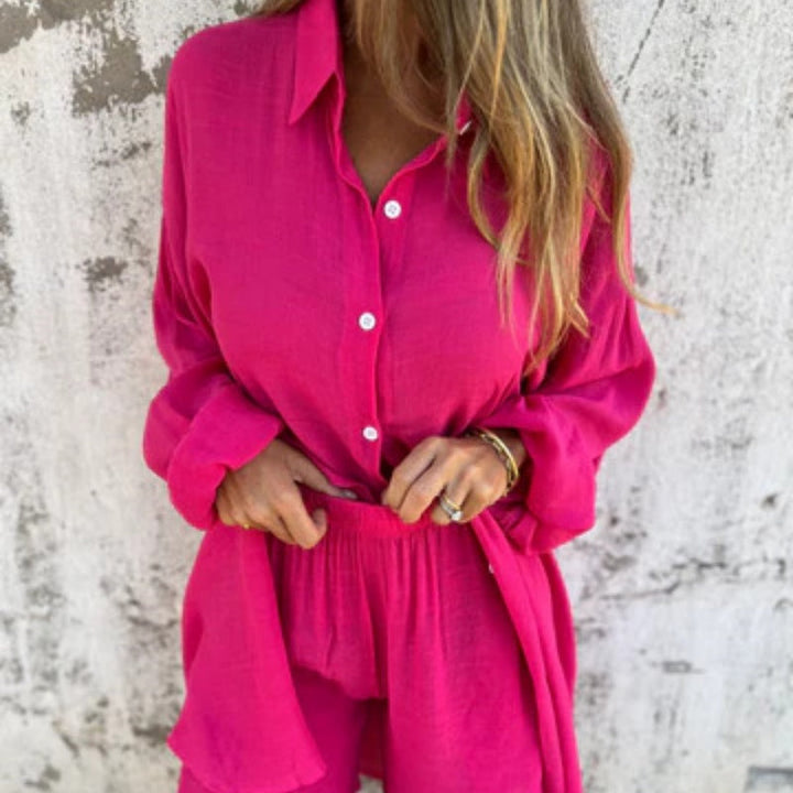 Womens Two-Piece Shirt and Pants Set Button-Up Relaxed Fit