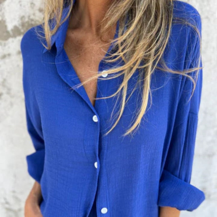 Womens Two-Piece Shirt and Pants Set Button-Up Relaxed Fit