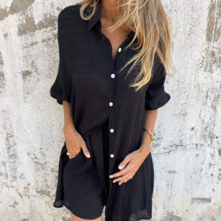 Womens Two-Piece Shirt and Pants Set Button-Up Relaxed Fit