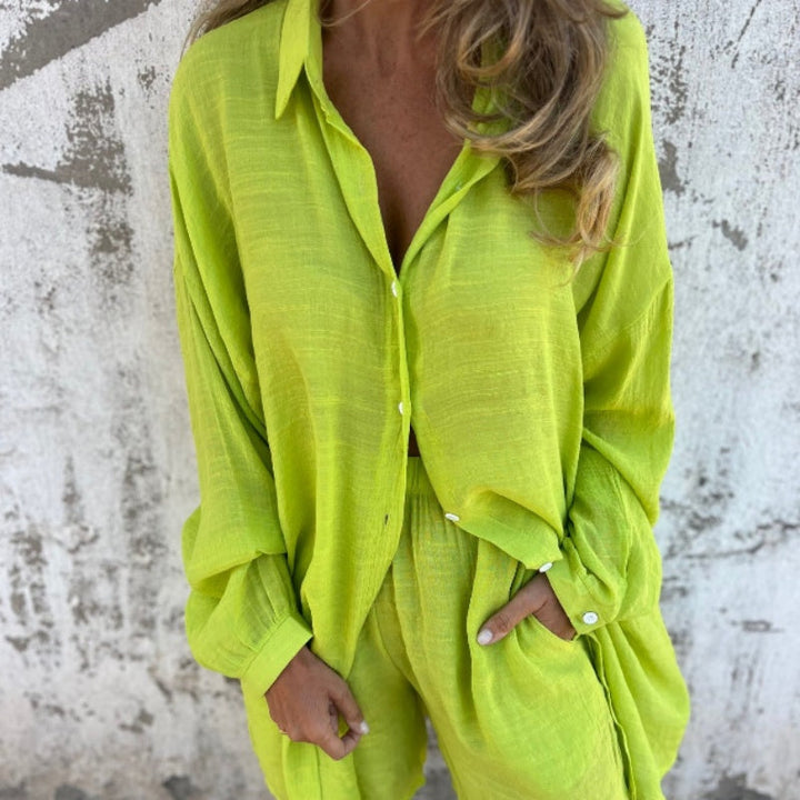 Womens Two-Piece Shirt and Pants Set Button-Up Relaxed Fit