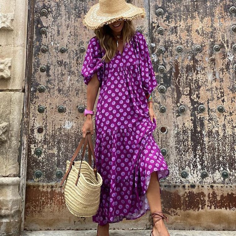 Womens Maxi Dress with Puff Sleeve and V-Neck Boho Style